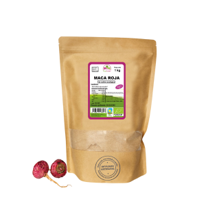Bolsa de 1kg de Maca roja en polvo de la marca EcoAndes. El envase es de papel kraft con ventana transparente que muestra el contenido, etiqueta frontal con información nutricional, certificaciones ecológicas, sin gluten y sello de "envasado artesanal".