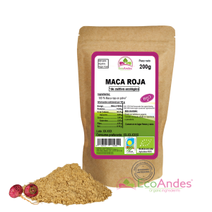 Bolsa de 200g de Maca roja en polvo de la marca EcoAndes. El envase es de papel kraft con ventana transparente que muestra el contenido, etiqueta frontal con información nutricional, certificaciones ecológicas, sin gluten y sello de "envasado artesanal".