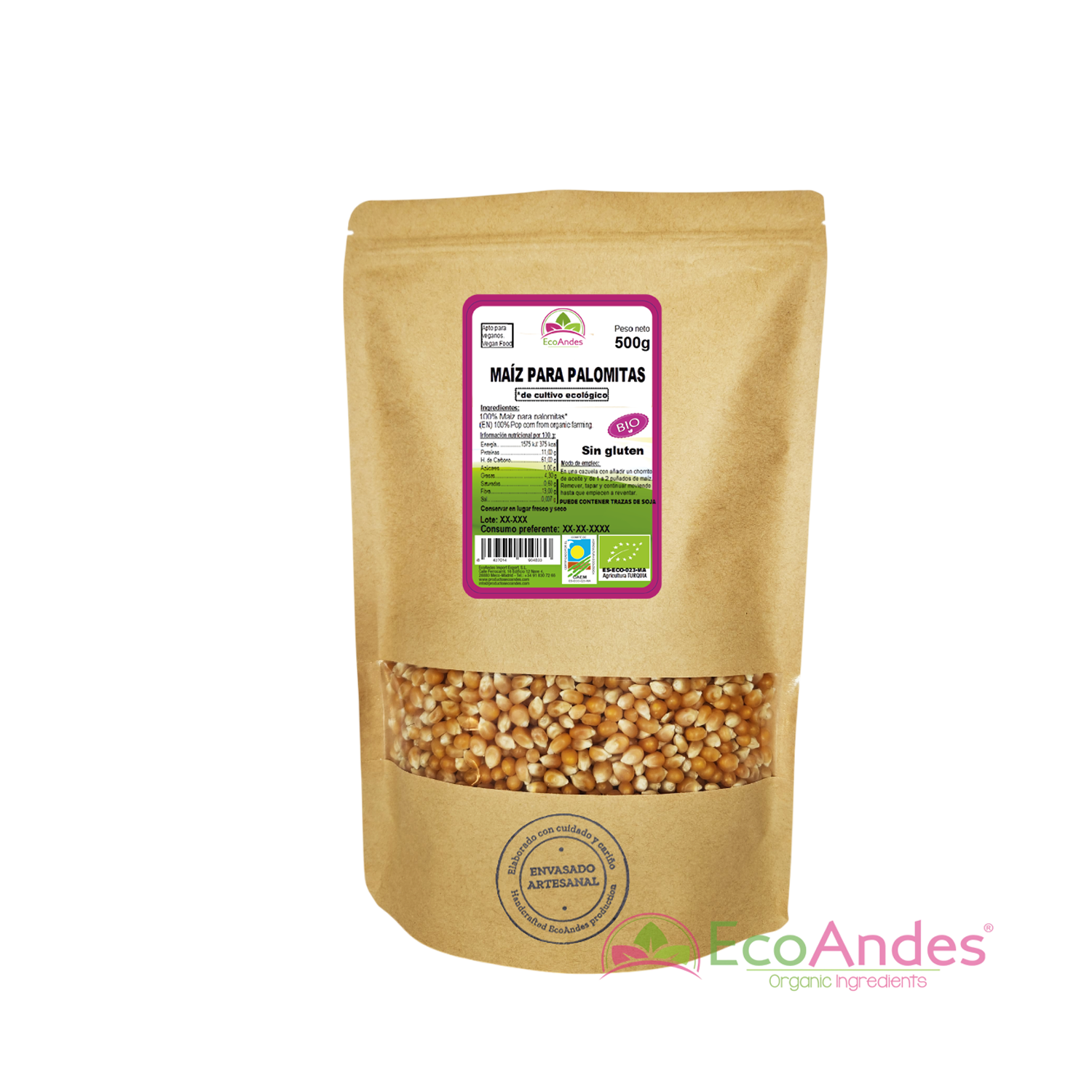 Bolsa de 500 g de bulgur orgánico de la marca EcoAndes. El envase es de papel kraft con ventana transparente que muestra el contenido, etiqueta frontal con información nutricional, certificaciones ecológicas, sin gluten y sello de "envasado artesanal".