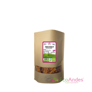 Bolsa de 100g con contenido de Mango en rodajas de la marca EcoAndes. El envase es de papel kraft con ventana transparente que muestra el contenido, etiqueta frontal con información nutricional, certificaciones ecológicas, sin gluten y sello de "envasado artesanal".