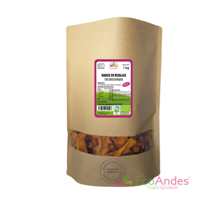 Bolsa de 1kg con contenido de Mango en rodajas de la marca EcoAndes. El envase es de papel kraft con ventana transparente que muestra el contenido, etiqueta frontal con información nutricional, certificaciones ecológicas, sin gluten y sello de "envasado artesanal".