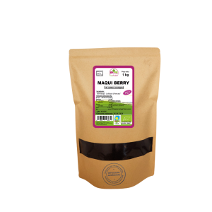 Bolsa de 1kg de Maqui liofilizada en polvo de la marca EcoAndes. El envase es de papel kraft con ventana transparente que muestra el contenido, etiqueta frontal con información nutricional, certificaciones ecológicas, sin gluten y sello de "envasado artesanal".