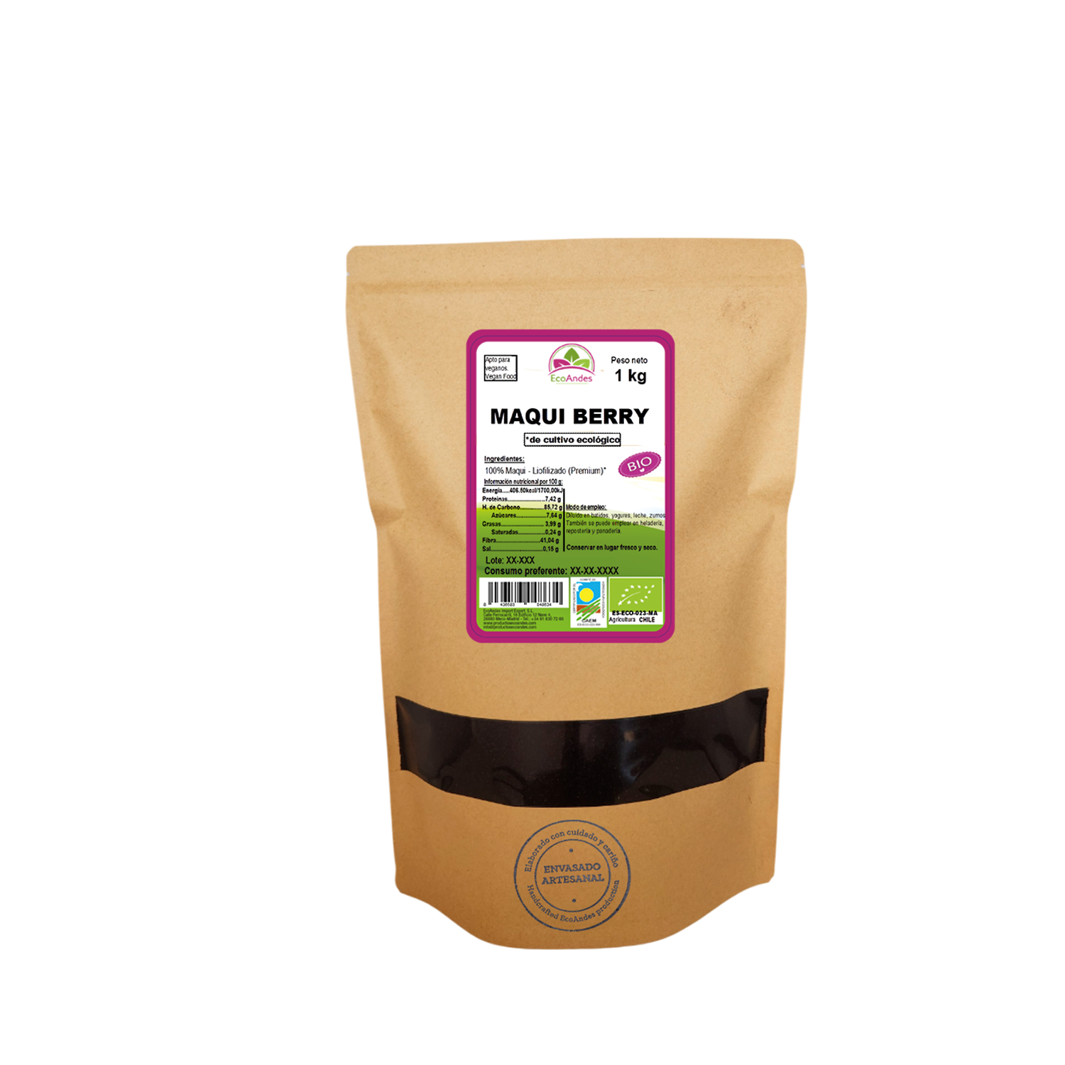 Bolsa de 1kg de Maqui liofilizada en polvo de la marca EcoAndes. El envase es de papel kraft con ventana transparente que muestra el contenido, etiqueta frontal con información nutricional, certificaciones ecológicas, sin gluten y sello de "envasado artesanal".