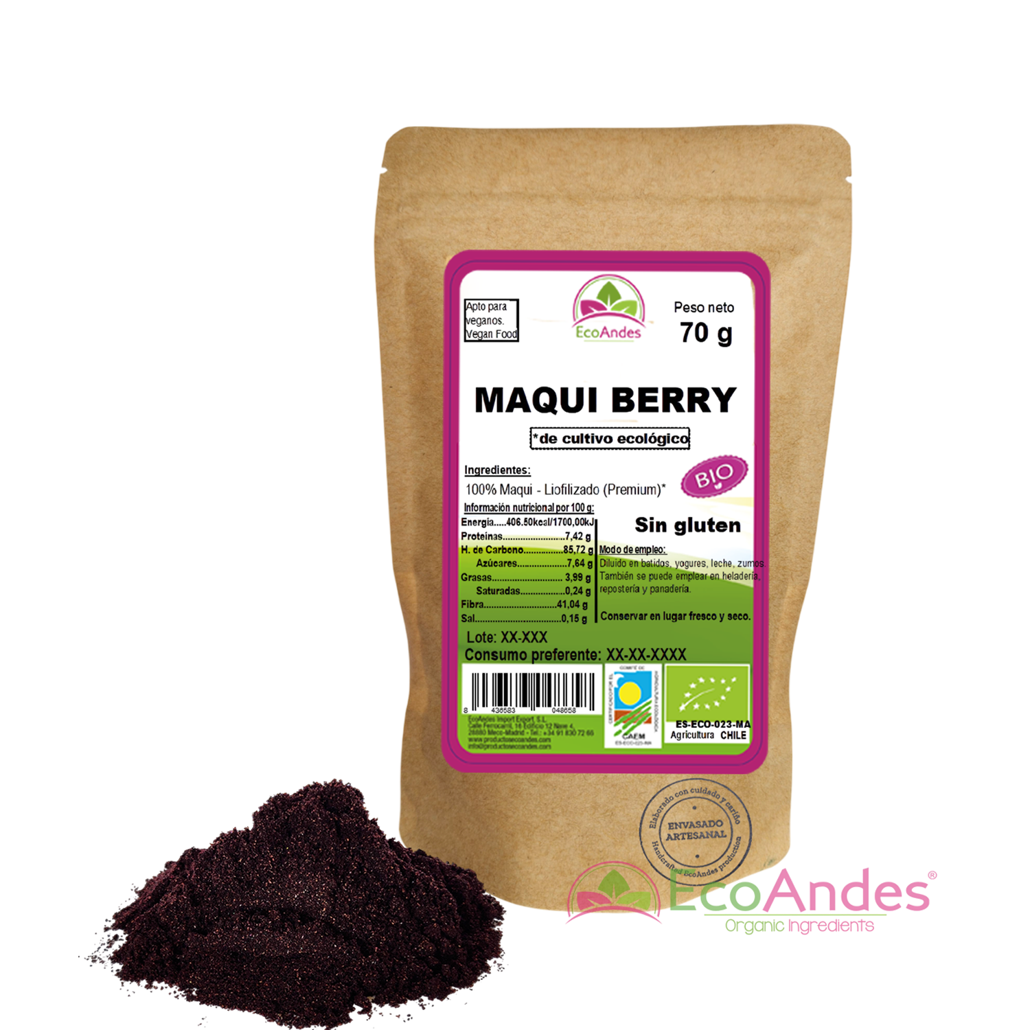 Bolsa de 70g de Maqui liofilizada en polvo de la marca EcoAndes. El envase es de papel kraft con ventana transparente que muestra el contenido, etiqueta frontal con información nutricional, certificaciones ecológicas, sin gluten y sello de "envasado artesanal".