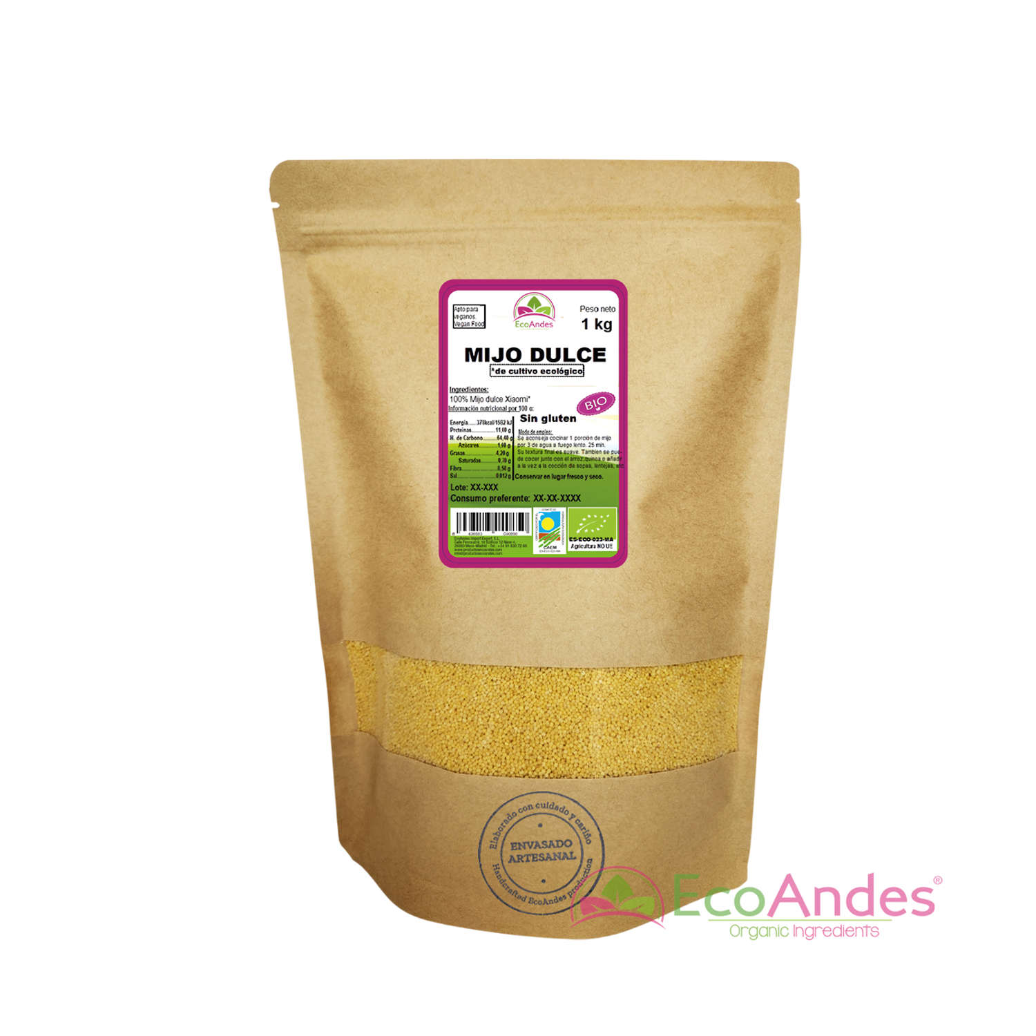Bolsa de 1 kg de mijo dulce orgánico de la marca EcoAndes. El envase es de papel kraft con ventana transparente que muestra el contenido, etiqueta frontal con información nutricional, certificaciones ecológicas, sin gluten y sello de "envasado artesanal".