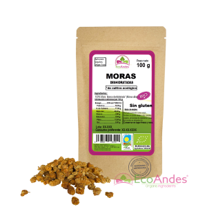 Bolsa de 100g con contenido de Mora blanca deshidratada de la marca EcoAndes. El envase es de papel kraft con ventana transparente que muestra el contenido, etiqueta frontal con información nutricional, certificaciones ecológicas, sin gluten y sello de "envasado artesanal".