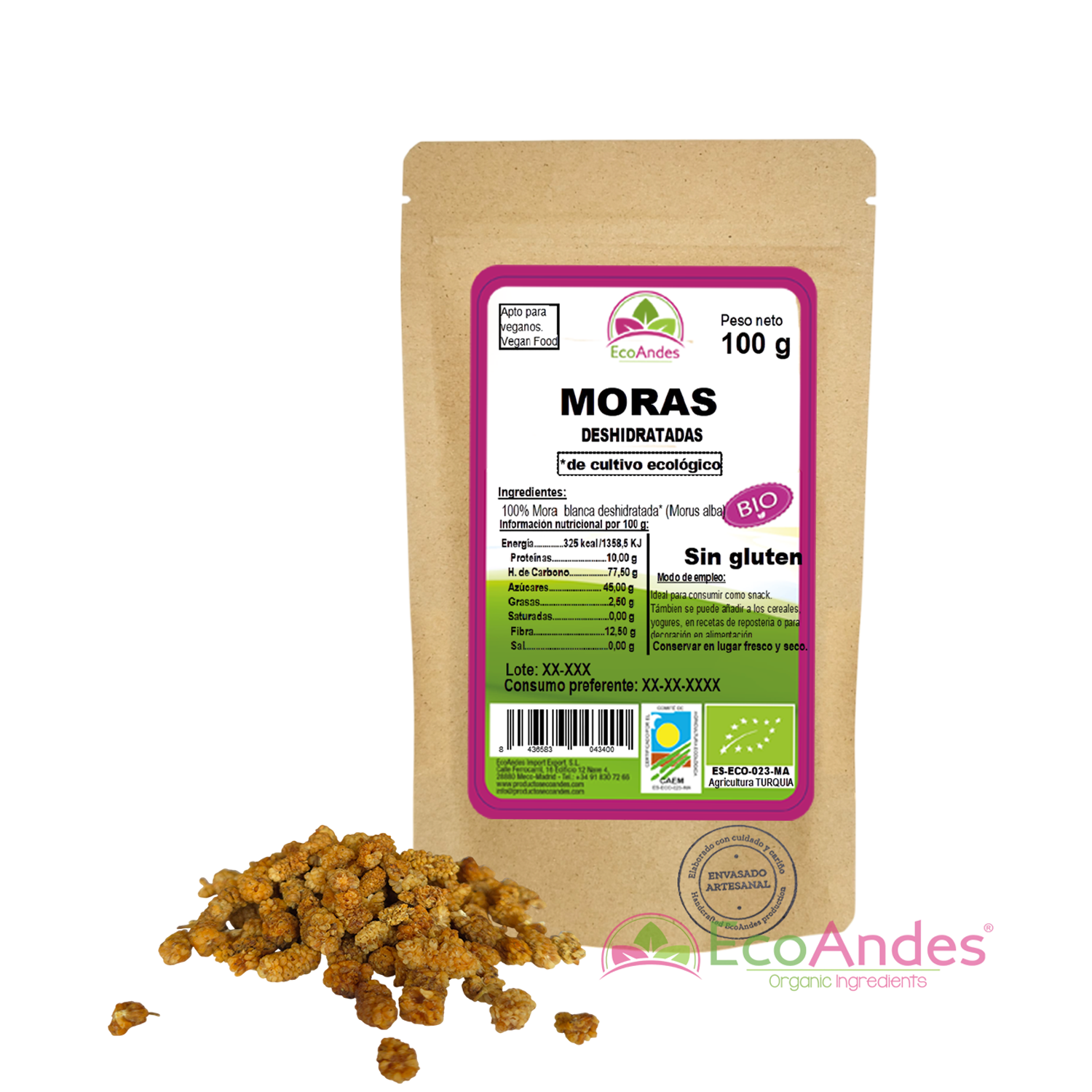 Bolsa de 100g con contenido de Mora blanca deshidratada de la marca EcoAndes. El envase es de papel kraft con ventana transparente que muestra el contenido, etiqueta frontal con información nutricional, certificaciones ecológicas, sin gluten y sello de "envasado artesanal".