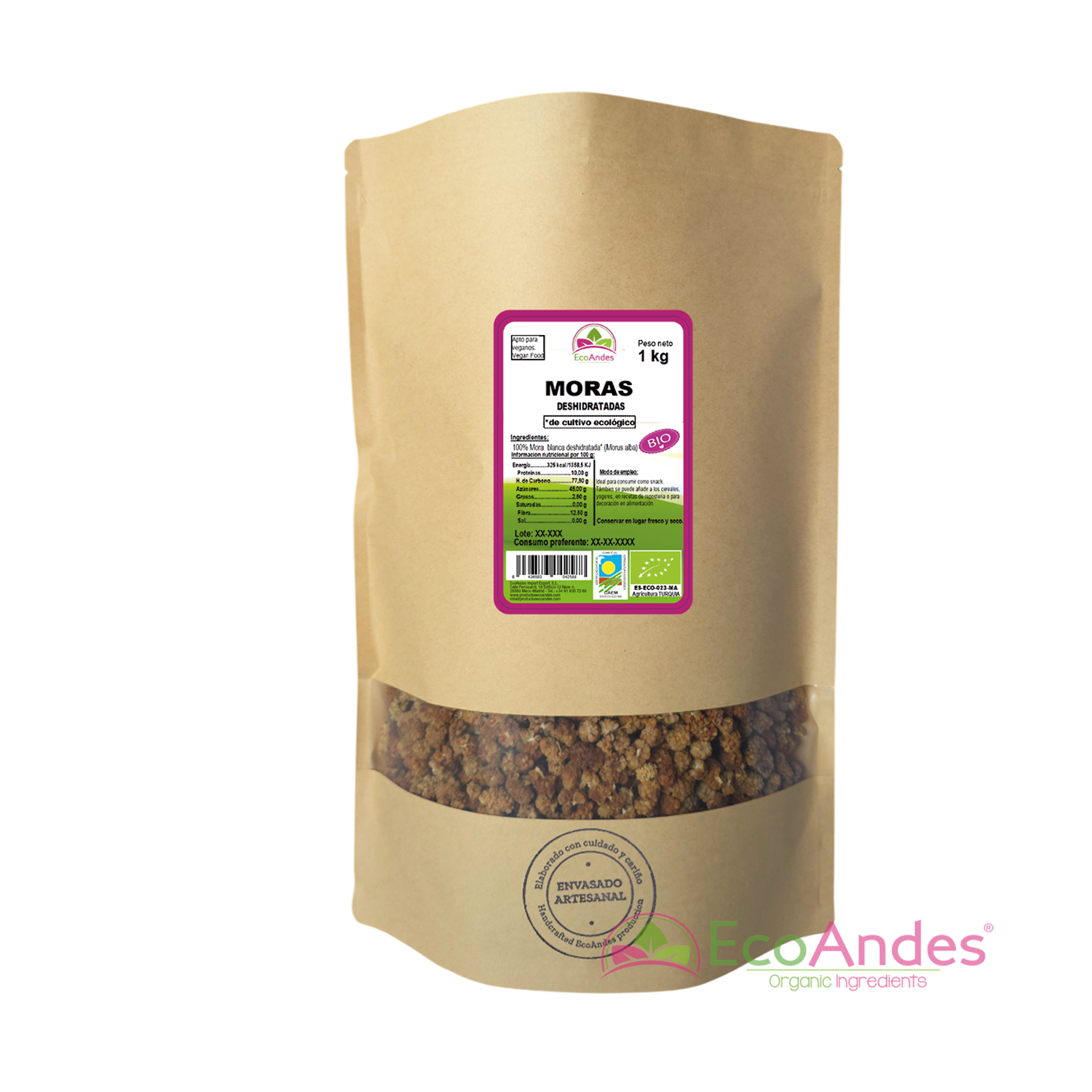Bolsa de 1kg con contenido de Mora blanca deshidratada de la marca EcoAndes. El envase es de papel kraft con ventana transparente que muestra el contenido, etiqueta frontal con información nutricional, certificaciones ecológicas, sin gluten y sello de "envasado artesanal".