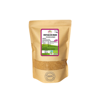 Bolsa de 1kg de Mostaza en grano de la marca EcoAndes. El envase es de papel kraft con ventana transparente que muestra el contenido, etiqueta frontal con información nutricional, certificaciones ecológicas, sin gluten y sello de "envasado artesanal".