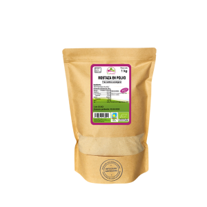 Bolsa de 1kg de Mostaza en polvo de la marca EcoAndes. El envase es de papel kraft con ventana transparente que muestra el contenido, etiqueta frontal con información nutricional, certificaciones ecológicas, sin gluten y sello de "envasado artesanal".