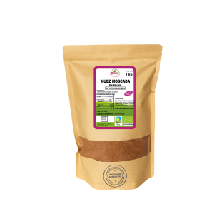 Bolsa de 1kg de Nuez moscada en polvo de la marca EcoAndes. El envase es de papel kraft con ventana transparente que muestra el contenido, etiqueta frontal con información nutricional, certificaciones ecológicas, sin gluten y sello de "envasado artesanal".