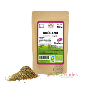 Bolsa de 100g de Orégano en hoja de la marca EcoAndes. El envase es de papel kraft con ventana transparente que muestra el contenido, etiqueta frontal con información nutricional, certificaciones ecológicas, sin gluten y sello de "envasado artesanal".