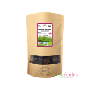 Bolsa de 1kg con contenido de Orejones de albaricoque de la marca EcoAndes. El envase es de papel kraft con ventana transparente que muestra el contenido, etiqueta frontal con información nutricional, certificaciones ecológicas, sin gluten y sello de "envasado artesanal".
