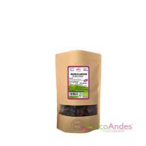 Bolsa de 250g con contenido de Orejones de albaricoque de la marca EcoAndes. El envase es de papel kraft con ventana transparente que muestra el contenido, etiqueta frontal con información nutricional, certificaciones ecológicas, sin gluten y sello de "envasado artesanal".