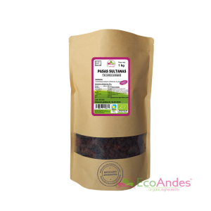 Bolsa de 1kg con contenido de Pasas sultana de la marca EcoAndes. El envase es de papel kraft con ventana transparente que muestra el contenido, etiqueta frontal con información nutricional, certificaciones ecológicas, sin gluten y sello de "envasado artesanal".