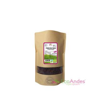 Bolsa de 250g con contenido de Pasas sultana de la marca EcoAndes. El envase es de papel kraft con ventana transparente que muestra el contenido, etiqueta frontal con información nutricional, certificaciones ecológicas, sin gluten y sello de "envasado artesanal".