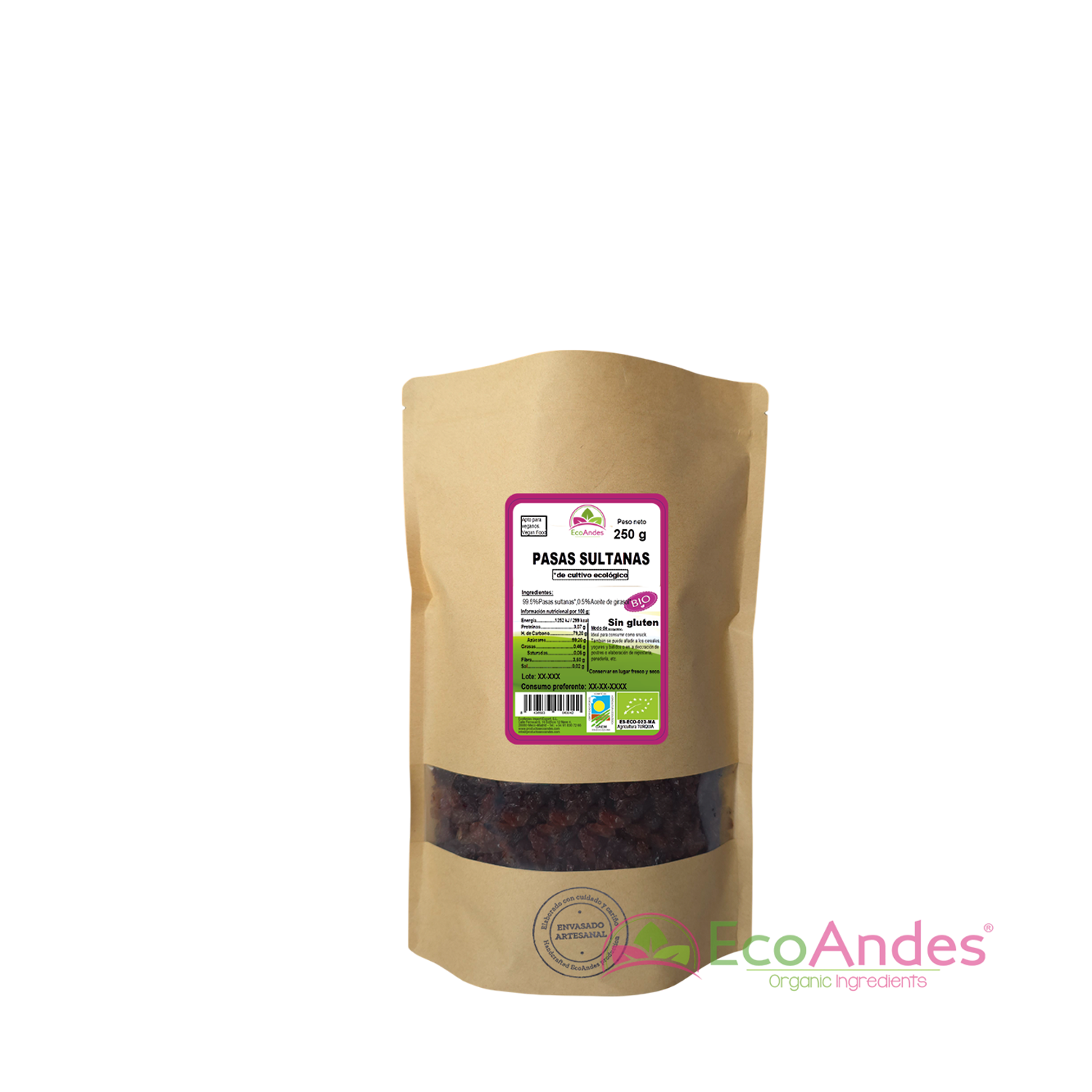 Bolsa de 250g con contenido de Pasas sultana de la marca EcoAndes. El envase es de papel kraft con ventana transparente que muestra el contenido, etiqueta frontal con información nutricional, certificaciones ecológicas, sin gluten y sello de "envasado artesanal".