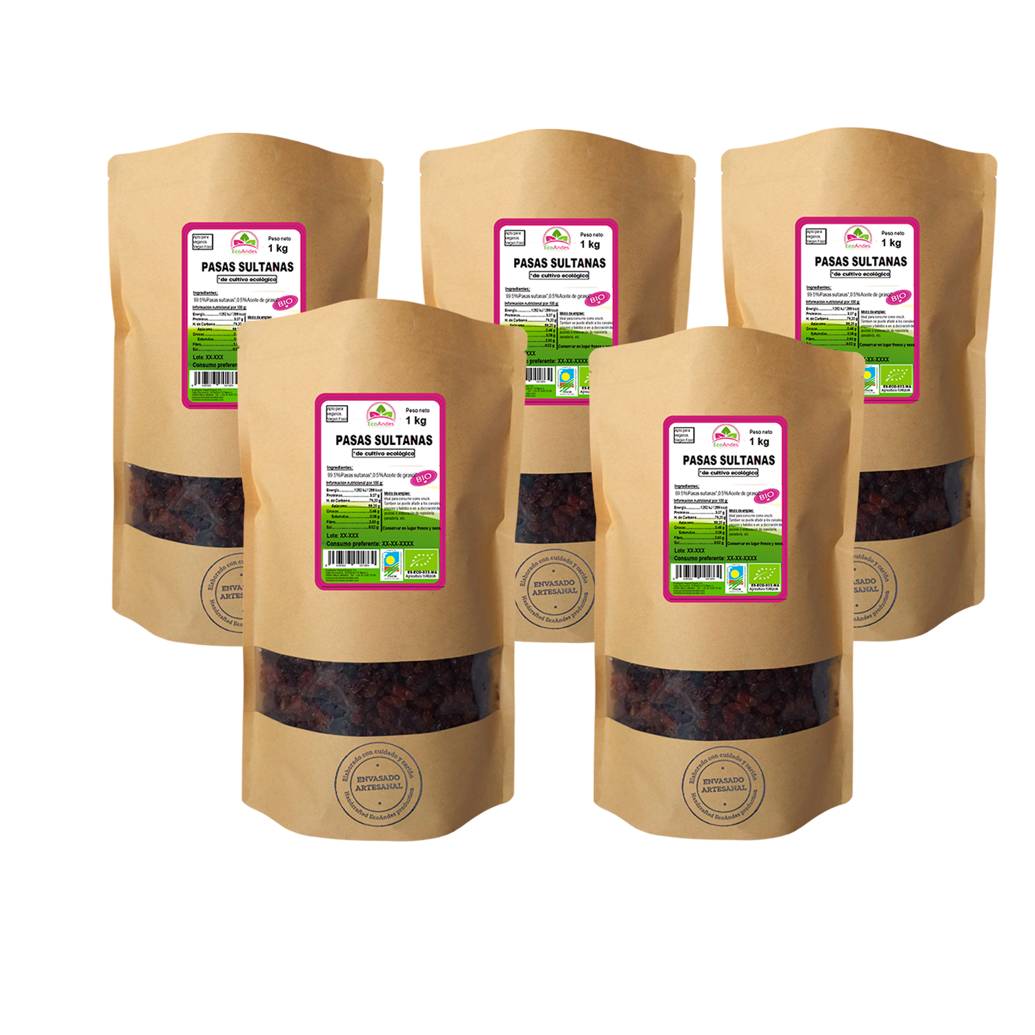 Bolsas de 1kg con contenido de Pasas sultana de la marca EcoAndes. El envase es de papel kraft con ventana transparente que muestra el contenido, etiqueta frontal con información nutricional, certificaciones ecológicas, sin gluten y sello de "envasado artesanal".