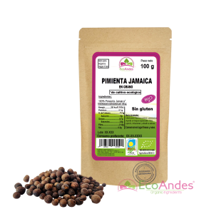 Bolsa de 100g de Pimienta de Jamaica en grano de la marca EcoAndes. El envase es de papel kraft con ventana transparente que muestra el contenido, etiqueta frontal con información nutricional, certificaciones ecológicas, sin gluten y sello de "envasado artesanal".