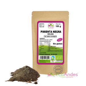 Bolsa de 100g de Pimienta negra en polvo de la marca EcoAndes. El envase es de papel kraft con ventana transparente que muestra el contenido, etiqueta frontal con información nutricional, certificaciones ecológicas, sin gluten y sello de "envasado artesanal".