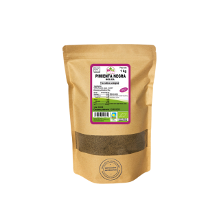 Bolsa de 1kg de Pimienta negra en polvo de la marca EcoAndes. El envase es de papel kraft con ventana transparente que muestra el contenido, etiqueta frontal con información nutricional, certificaciones ecológicas, sin gluten y sello de "envasado artesanal".