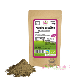 Bolsa de 100g de Proteína de cáñamo de la marca EcoAndes. El envase es de papel kraft con ventana transparente que muestra el contenido, etiqueta frontal con información nutricional, certificaciones ecológicas, sin gluten y sello de "envasado artesanal".