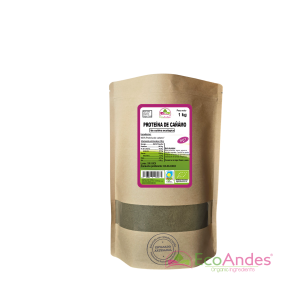 Bolsa de 1kg con contenido de Proteína de cáñamo de la marca EcoAndes. El envase es de papel kraft con ventana transparente que muestra el contenido, etiqueta frontal con información nutricional, certificaciones ecológicas, sin gluten y sello de "envasado artesanal".