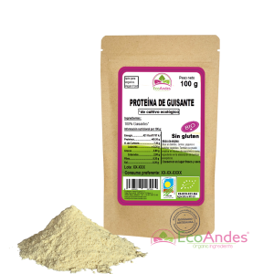Bolsa de 100g de Proteína de guisante de la marca EcoAndes. El envase es de papel kraft con ventana transparente que muestra el contenido, etiqueta frontal con información nutricional, certificaciones ecológicas, sin gluten y sello de "envasado artesanal".