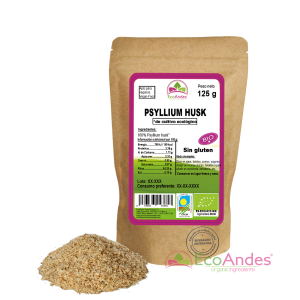Bolsa de 125g de Psyllium en cascara de la marca EcoAndes. El envase es de papel kraft con ventana transparente que muestra el contenido, etiqueta frontal con información nutricional, certificaciones ecológicas, sin gluten y sello de "envasado artesanal".
