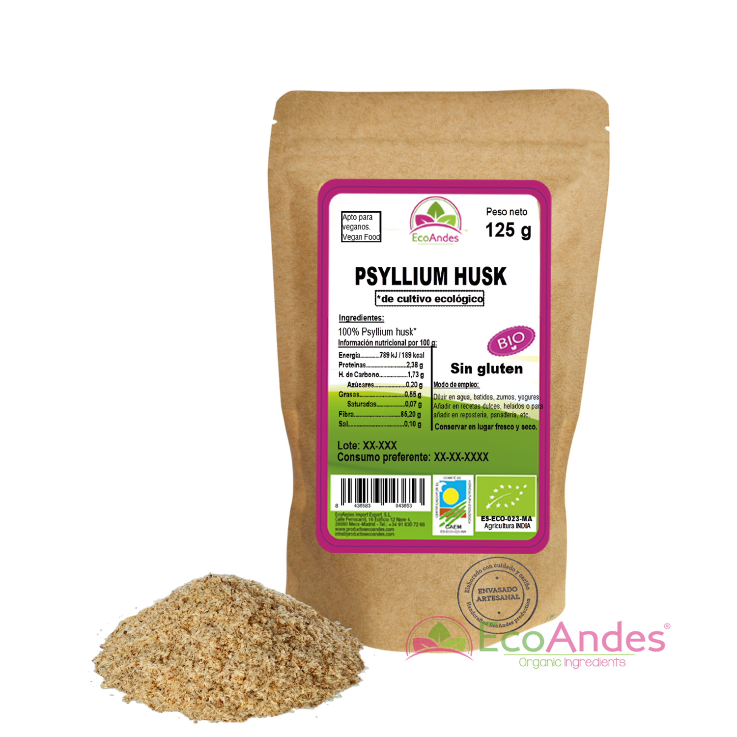 Bolsa de 125g de Psyllium en cascara de la marca EcoAndes. El envase es de papel kraft con ventana transparente que muestra el contenido, etiqueta frontal con información nutricional, certificaciones ecológicas, sin gluten y sello de "envasado artesanal".