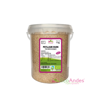 Cubo cilíndrico de 1kg de Psyllium en cascara de la marca EcoAndes. El envase es de papel kraft con ventana transparente que muestra el contenido, etiqueta frontal con información nutricional, certificaciones ecológicas, sin gluten y sello de "envasado artesanal".