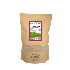 Bolsa de 1kg de Psyllium en cascara de la marca EcoAndes. El envase es de papel kraft con ventana transparente que muestra el contenido, etiqueta frontal con información nutricional, certificaciones ecológicas, sin gluten y sello de "envasado artesanal".
