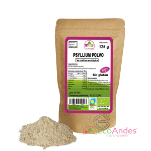 Bolsa de 125g de Psyllium en polvo de la marca EcoAndes. El envase es de papel kraft con ventana transparente que muestra el contenido, etiqueta frontal con información nutricional, certificaciones ecológicas, sin gluten y sello de "envasado artesanal".