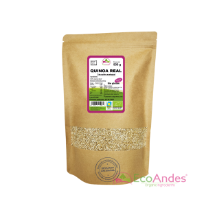 Bolsa de 500g de quinoa real orgánica de la marca EcoAndes. El envase es de papel kraft con ventana transparente que muestra el contenido, etiqueta frontal con información nutricional, certificaciones ecológicas, sin gluten y sello de "envasado artesanal".