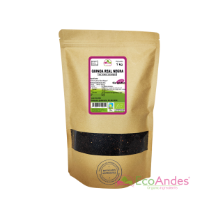 Bolsa de 1 kg de quinoa real negra orgánica de la marca EcoAndes. El envase es de papel kraft con ventana transparente que muestra el contenido, etiqueta frontal con información nutricional, certificaciones ecológicas, sin gluten y sello de "envasado artesanal".