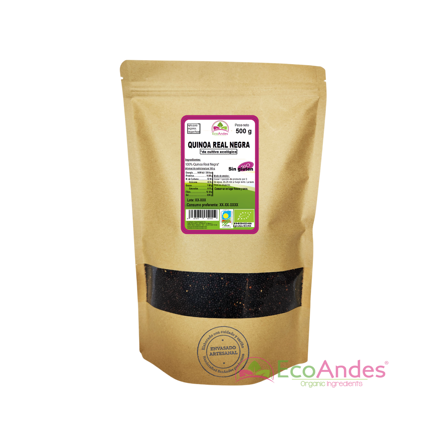 Bolsa de 500 g de quinoa real negra orgánica de la marca EcoAndes. El envase es de papel kraft con ventana transparente que muestra el contenido, etiqueta frontal con información nutricional, certificaciones ecológicas, sin gluten y sello de "envasado artesanal".