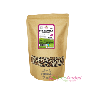 Bolsa de 500 g de quinoa tricolor (mezcla de quinoa blanca, roja y negra) orgánico de la marca EcoAndes. El envase es de papel kraft con ventana transparente que muestra el contenido, etiqueta frontal con información nutricional, certificaciones ecológicas, sin gluten y sello de "envasado artesanal".