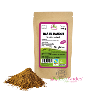 Bolsa de 100g de Ras el hanout en polvo de la marca EcoAndes. El envase es de papel kraft con ventana transparente que muestra el contenido, etiqueta frontal con información nutricional, certificaciones ecológicas, sin gluten y sello de "envasado artesanal".