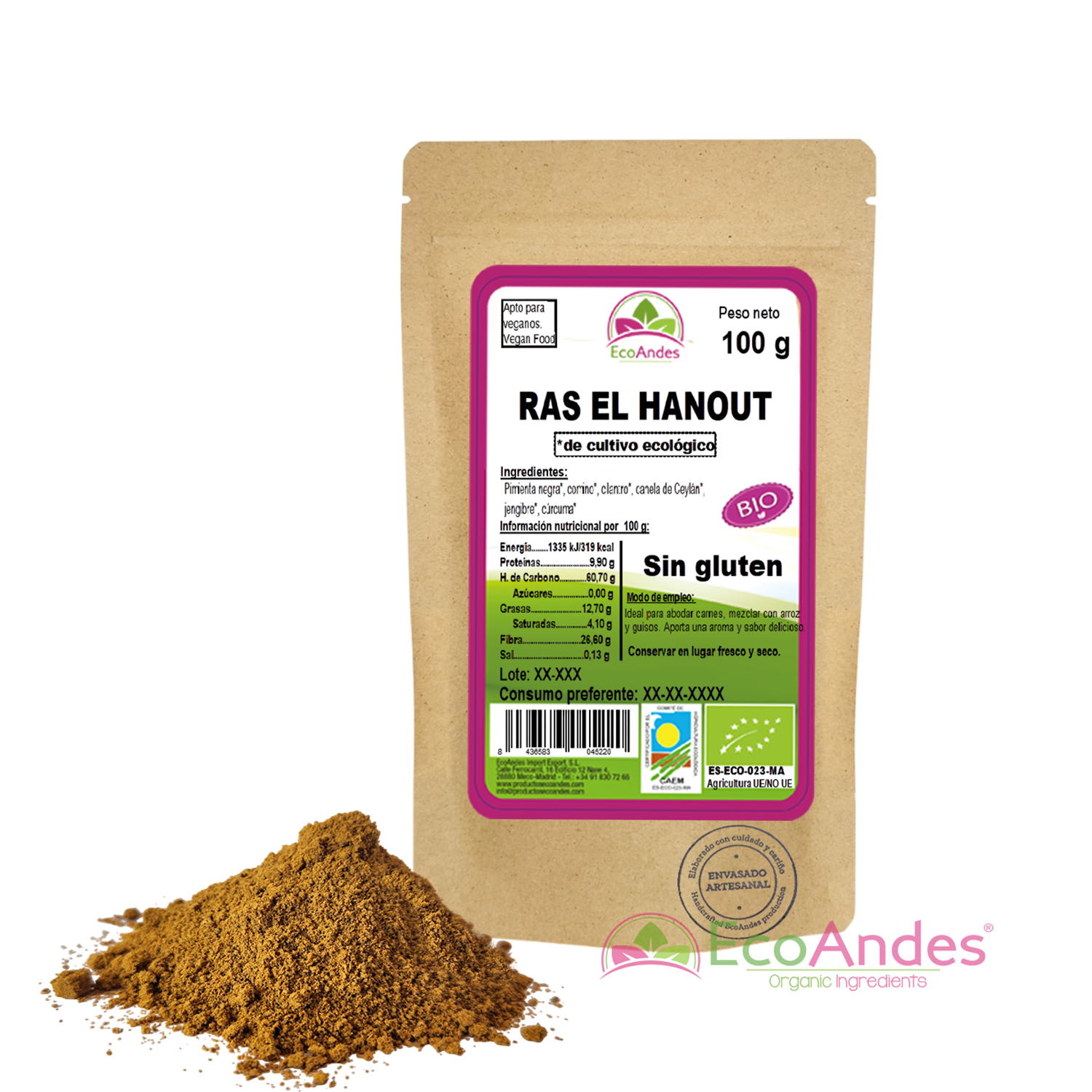 Bolsa de 100g de Ras el hanout en polvo de la marca EcoAndes. El envase es de papel kraft con ventana transparente que muestra el contenido, etiqueta frontal con información nutricional, certificaciones ecológicas, sin gluten y sello de "envasado artesanal".