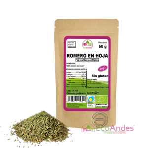 Bolsa de 50g de Romero en hoja de la marca EcoAndes. El envase es de papel kraft con ventana transparente que muestra el contenido, etiqueta frontal con información nutricional, certificaciones ecológicas, sin gluten y sello de "envasado artesanal".