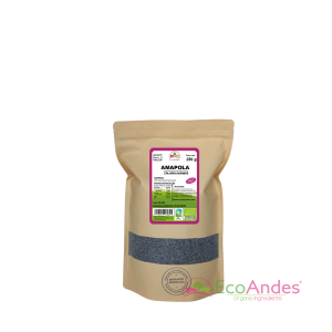 Bolsa de 250g con contenido de semillas de amapola de la marca EcoAndes. El envase es de papel kraft con ventana transparente que muestra el contenido, etiqueta frontal con información nutricional, certificaciones ecológicas, sin gluten y sello de "envasado artesanal".