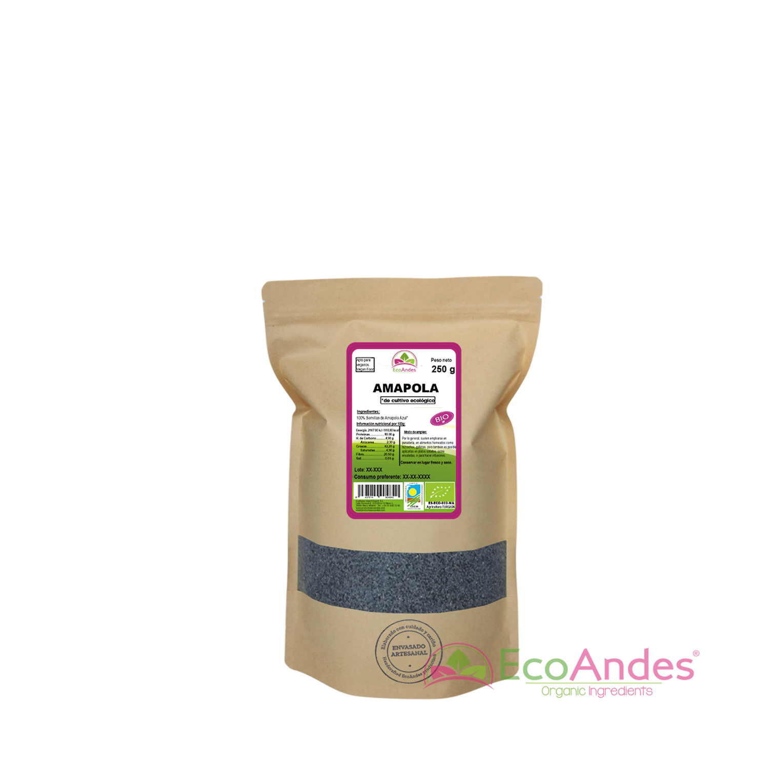 Bolsa de 250g con contenido de semillas de amapola de la marca EcoAndes. El envase es de papel kraft con ventana transparente que muestra el contenido, etiqueta frontal con información nutricional, certificaciones ecológicas, sin gluten y sello de "envasado artesanal".