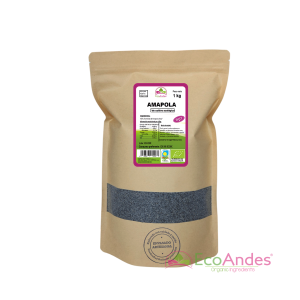 Bolsa de 1kg con contenido de semillas de amapola de la marca EcoAndes. El envase es de papel kraft con ventana transparente que muestra el contenido, etiqueta frontal con información nutricional, certificaciones ecológicas, sin gluten y sello de "envasado artesanal".