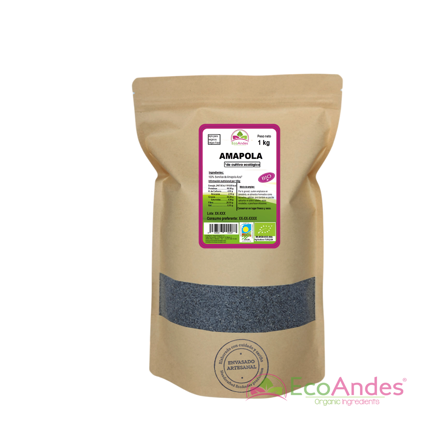 Bolsa de 1kg con contenido de semillas de amapola de la marca EcoAndes. El envase es de papel kraft con ventana transparente que muestra el contenido, etiqueta frontal con información nutricional, certificaciones ecológicas, sin gluten y sello de "envasado artesanal".