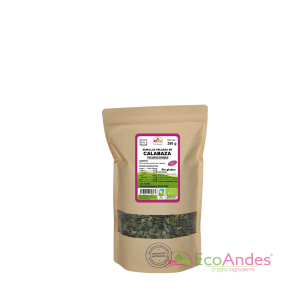 Bolsa de 250g con contenido de semillas de calabaza de la marca EcoAndes. El envase es de papel kraft con ventana transparente que muestra el contenido, etiqueta frontal con información nutricional, certificaciones ecológicas, sin gluten y sello de "envasado artesanal".