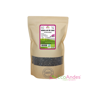 Bolsa de 1kg con contenido de semillas de chia de la marca EcoAndes. El envase es de papel kraft con ventana transparente que muestra el contenido, etiqueta frontal con información nutricional, certificaciones ecológicas, sin gluten y sello de "envasado artesanal".
