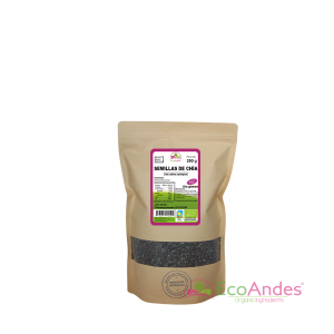 Bolsa de 250g con contenido de semillas de chia de la marca EcoAndes. El envase es de papel kraft con ventana transparente que muestra el contenido, etiqueta frontal con información nutricional, certificaciones ecológicas, sin gluten y sello de "envasado artesanal".