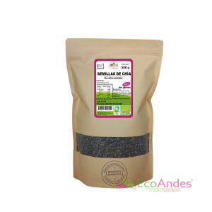 Bolsa de 500g con contenido de semillas de chia de la marca EcoAndes. El envase es de papel kraft con ventana transparente que muestra el contenido, etiqueta frontal con información nutricional, certificaciones ecológicas, sin gluten y sello de "envasado artesanal".