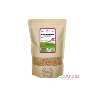 Bolsa de 1kg con contenido de semillas de lino dorado de la marca EcoAndes. El envase es de papel kraft con ventana transparente que muestra el contenido, etiqueta frontal con información nutricional, certificaciones ecológicas, sin gluten y sello de "envasado artesanal".