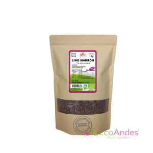 Bolsa de 1kg con contenido de semillas de lino marrón de la marca EcoAndes. El envase es de papel kraft con ventana transparente que muestra el contenido, etiqueta frontal con información nutricional, certificaciones ecológicas, sin gluten y sello de "envasado artesanal".